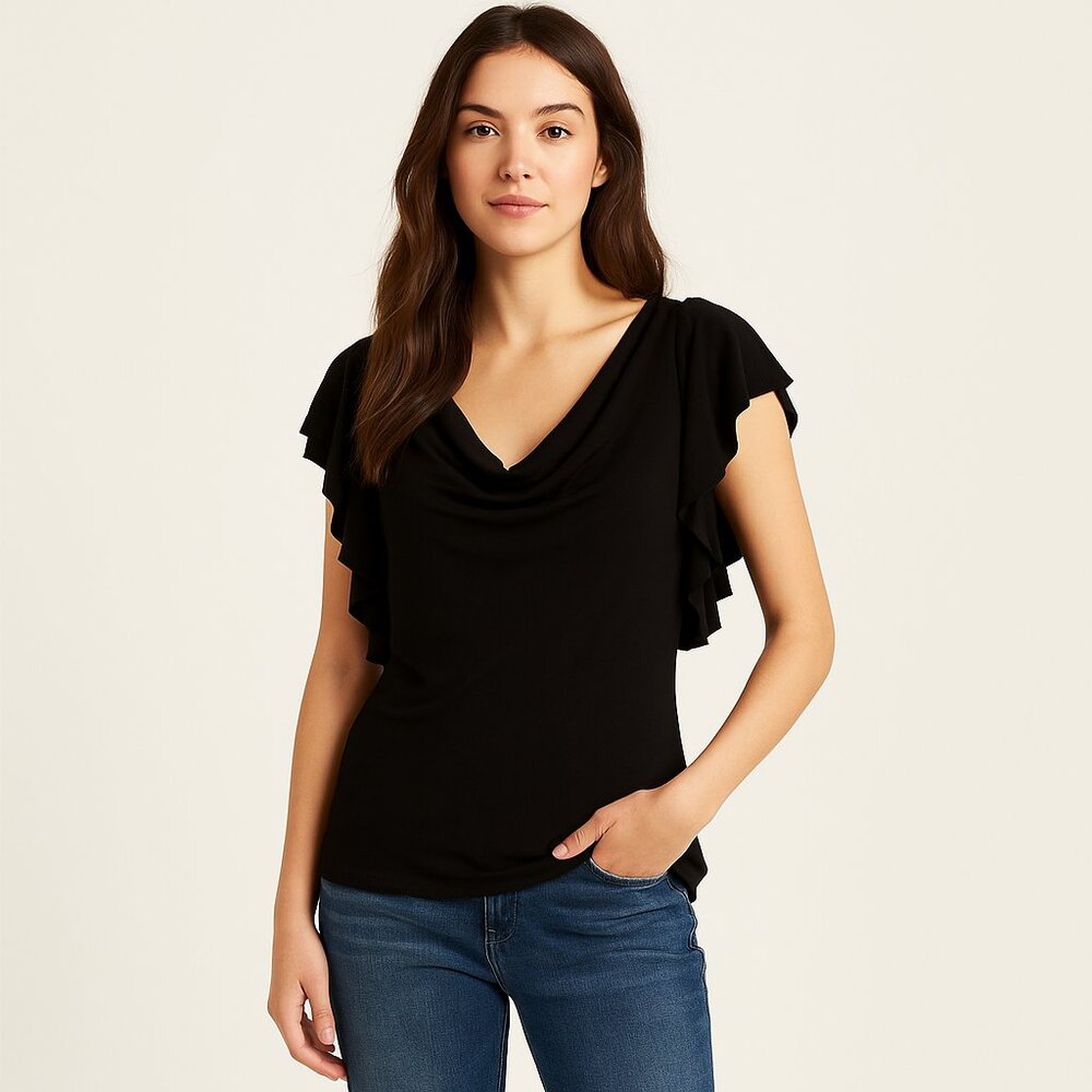 Weston Wear Black Draped Flutter Sleeve Blouse